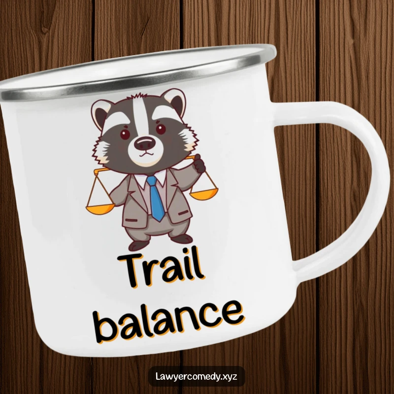 Funny badger in a miniature suit and tie, holding tiny balance scales, a durable and humorous camping mug.