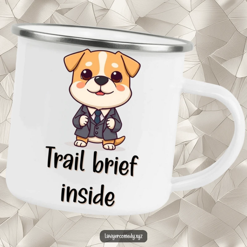 Funny camping mug: polite dog in a miniature suit, earnestly presenting a tiny legal brief, ready for outdoor service.