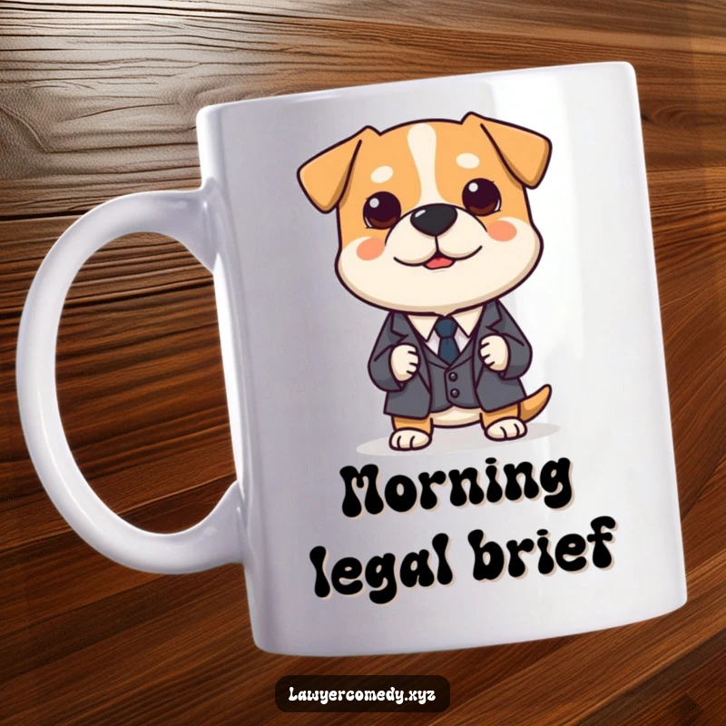 Funny mug featuring a polite dog in a miniature suit, earnestly presenting a tiny legal brief with focus.