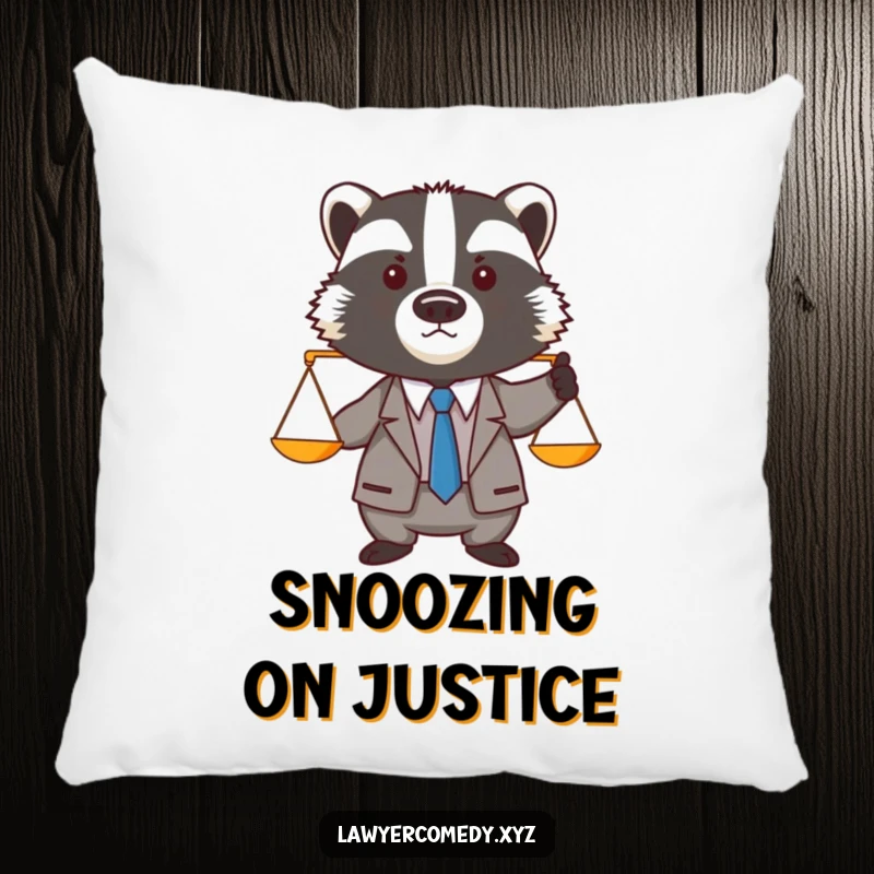 Funny badger in a miniature suit and tie, holding tiny balance scales, a soft and humorous decorative pillow.