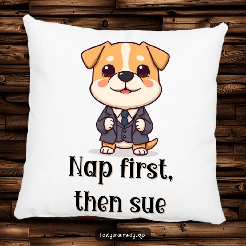 Funny pillow featuring a polite dog in a miniature suit, earnestly presenting a tiny legal brief, for cozy vibes.