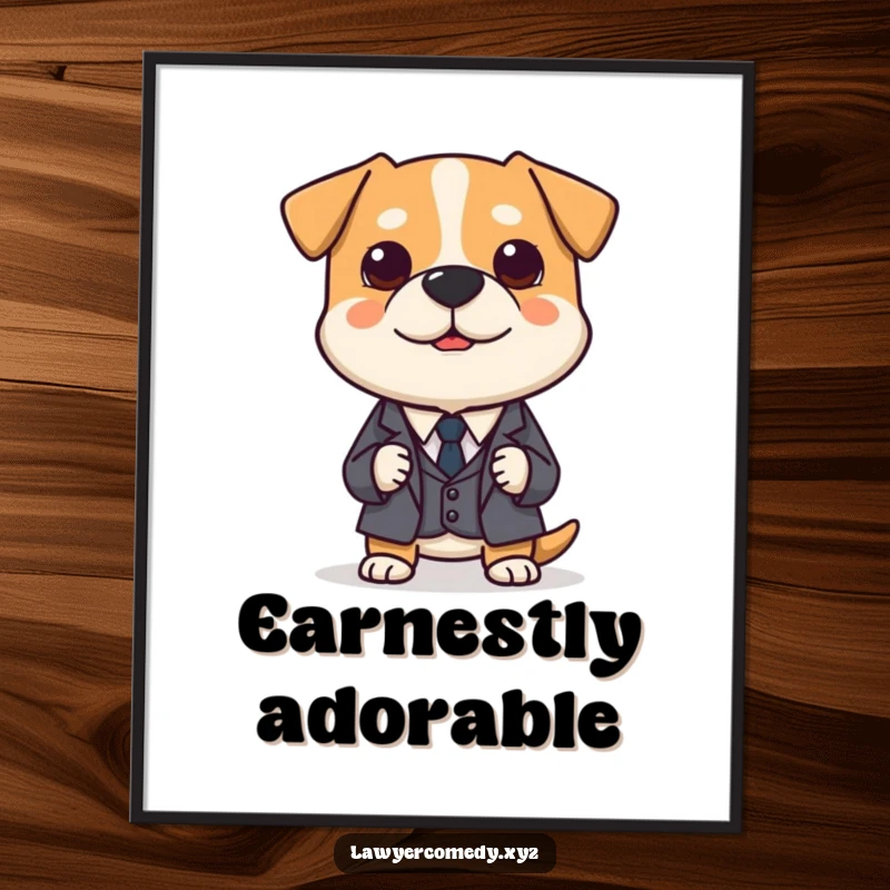 Funny digital art print of a polite dog in a miniature suit, earnestly presenting a tiny legal brief, for decor.