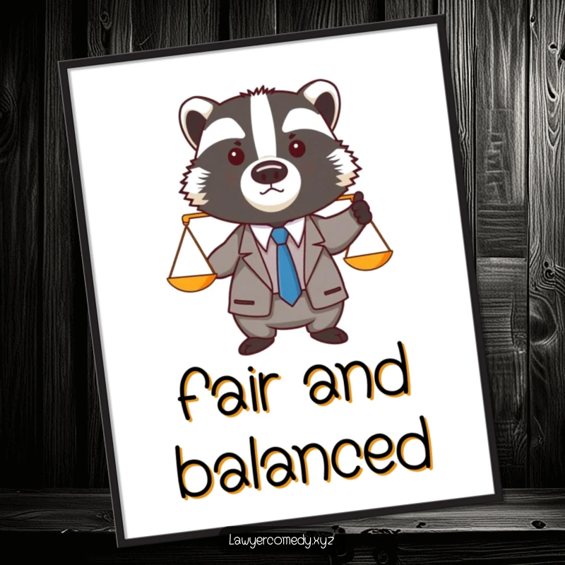 Funny badger in a miniature suit and tie, holding tiny balance scales, a humorous digital art print.