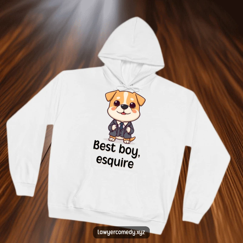 Funny hoodie featuring a polite dog in a miniature suit, earnestly presenting a tiny legal brief, looking professional.