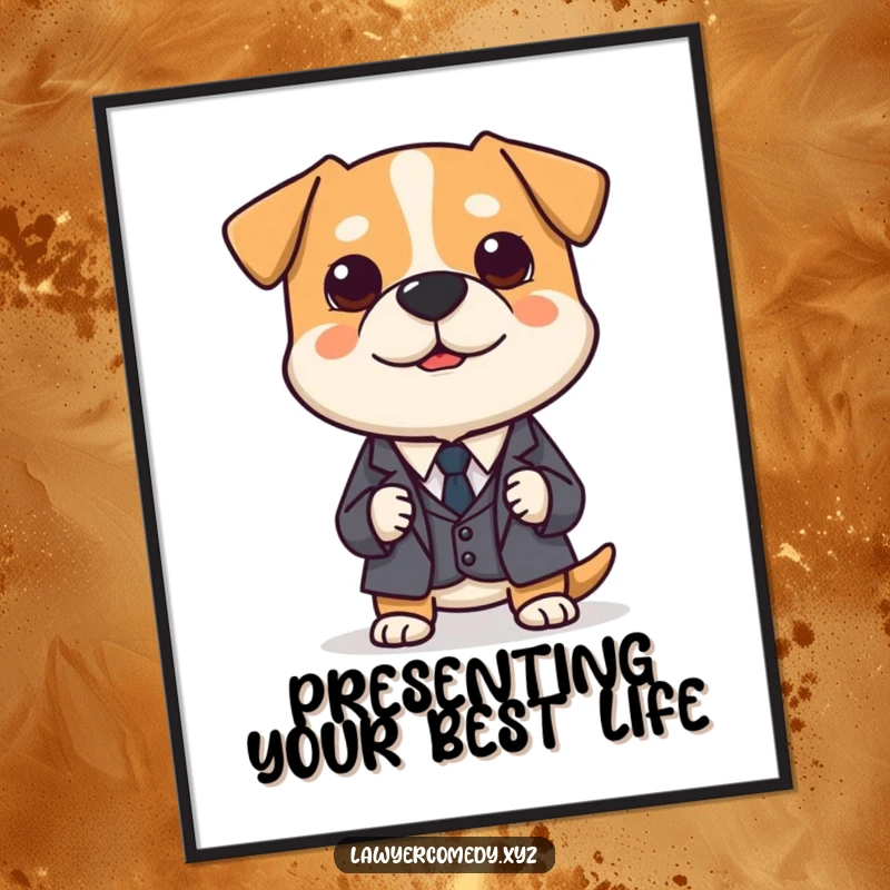 Funny Free Printable Dog Wall Art: A polite dog in a miniature suit earnestly presents a tiny brief, exuding professional humor.