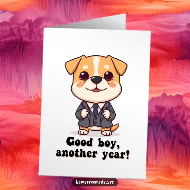 Funny Free Printable Dog Birthday Card: A polite dog in a suit earnestly presents a tiny brief, wishing happy birthday.