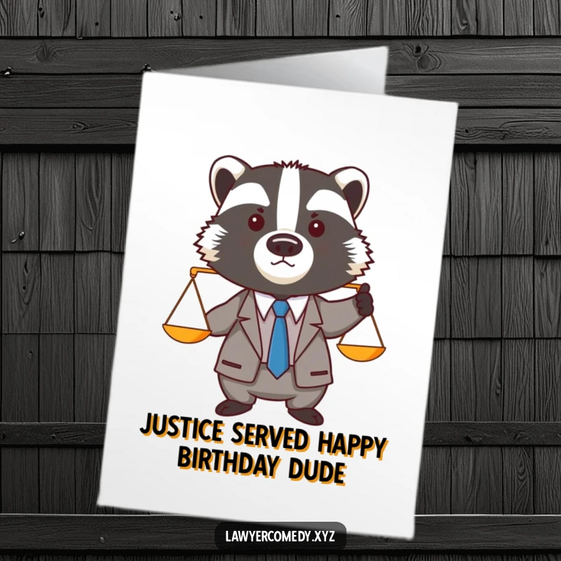 Funny Free Printable Birthday Card: Badger in suit holds balance scale, ready for legal birthday fun.