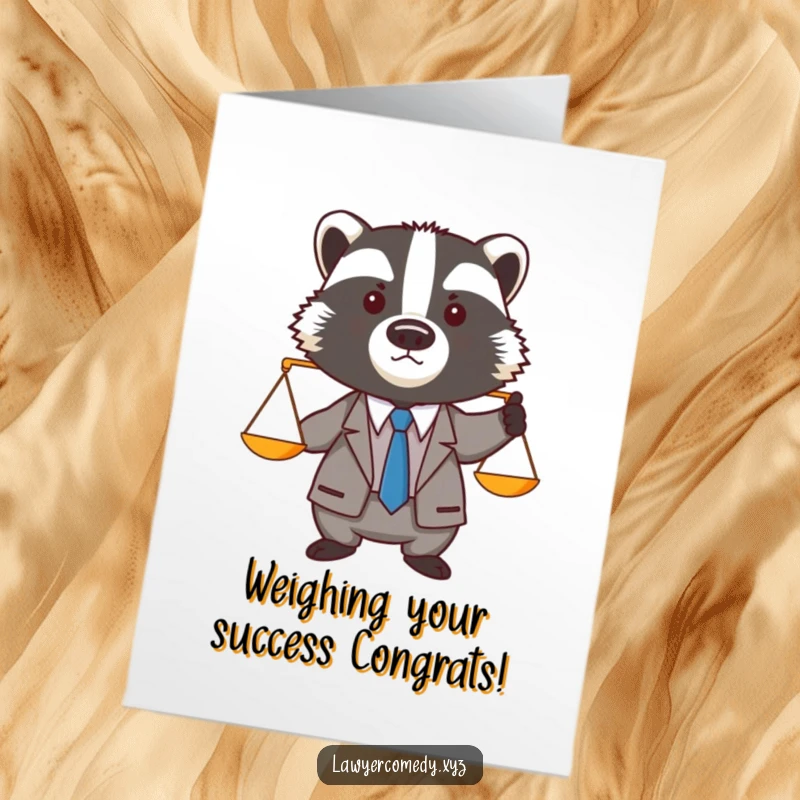 Funny Free Printable Congratulations Card: Badger lawyer in suit weighs justice on a tiny scale.
