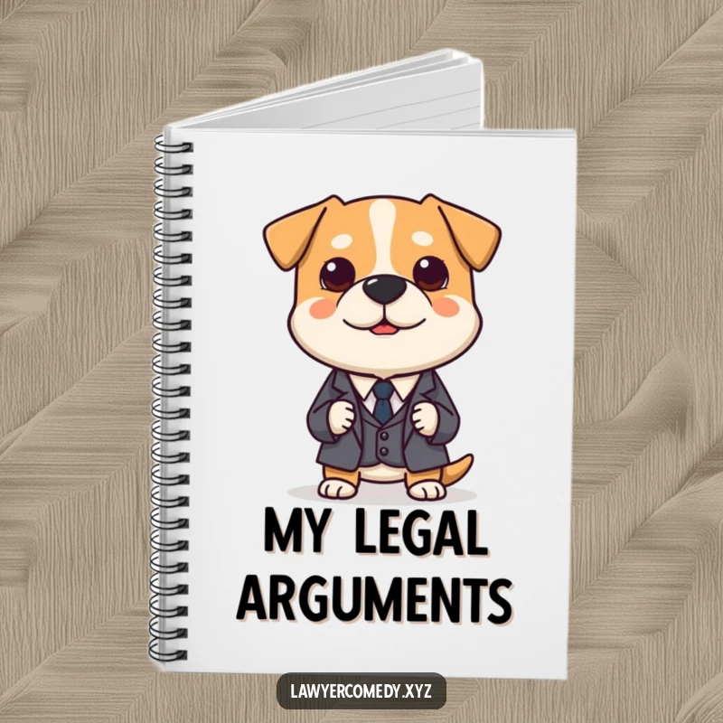 Funny notebook featuring a polite dog in a miniature suit, earnestly presenting a tiny legal brief, for notes.