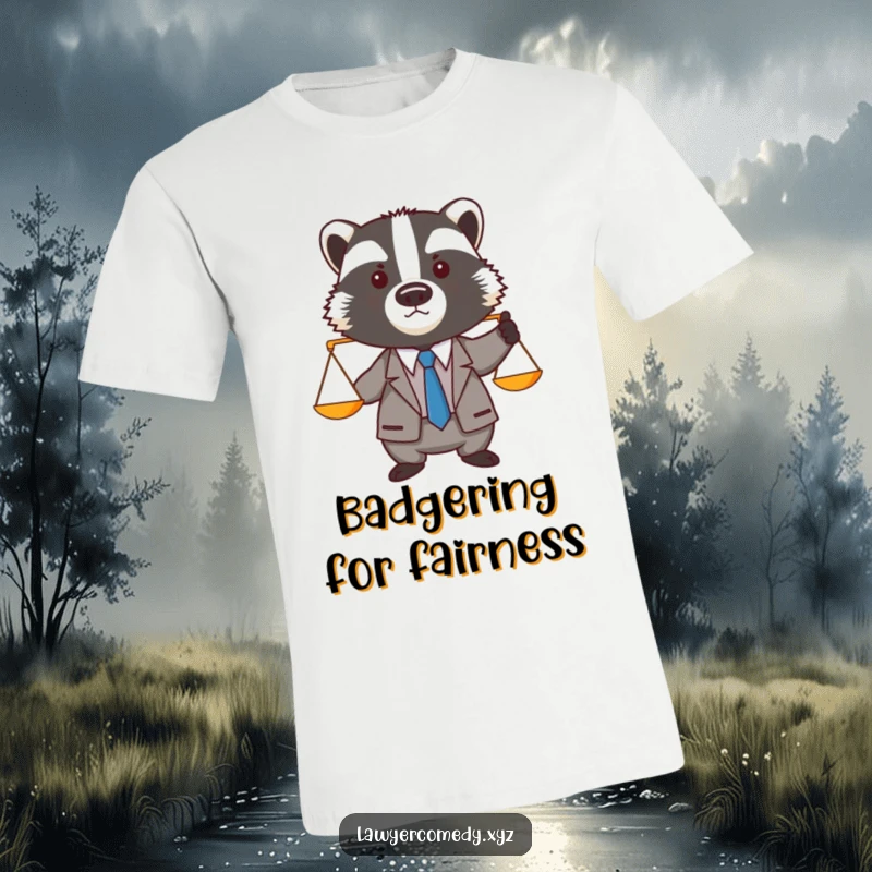 Funny badger wearing a miniature suit and tie, sternly holding up tiny balance scales, a humorous gift for lawyers.