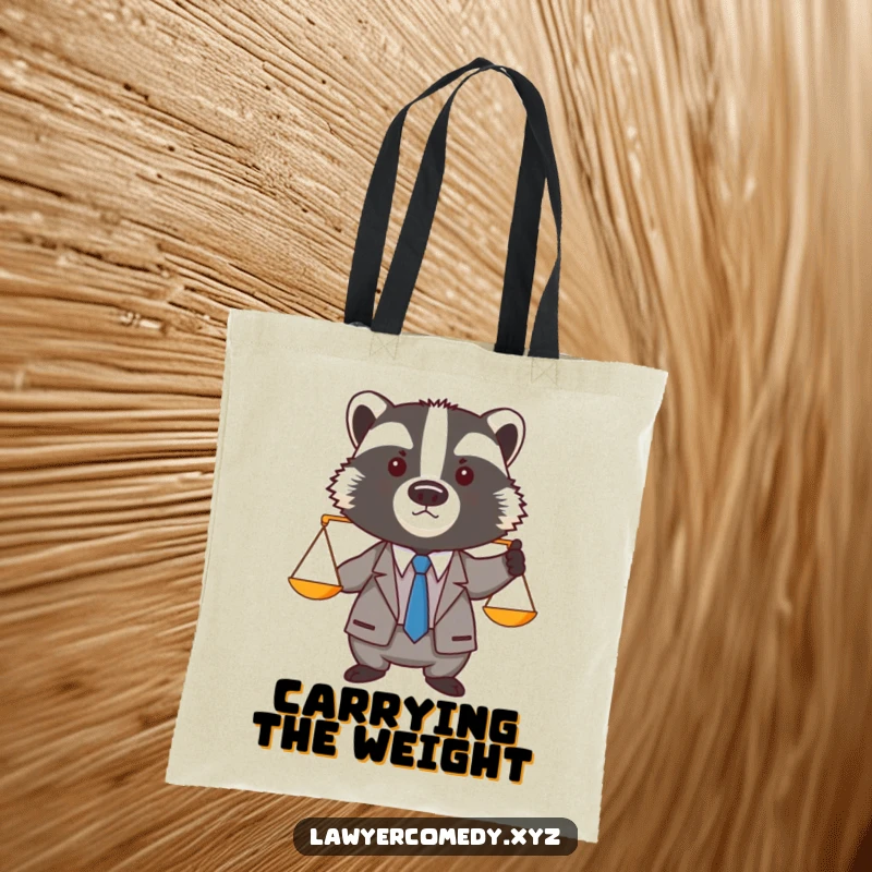 Funny badger in a miniature suit and tie, balancing tiny scales, a witty and practical funny gift bag.