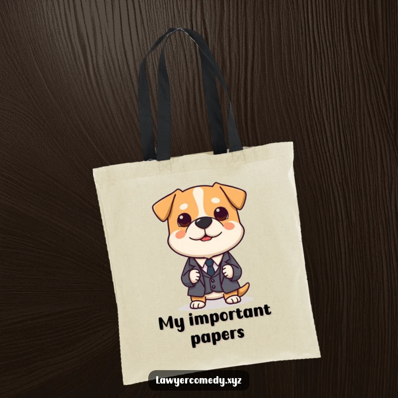 Funny tote bag showing a polite dog in a miniature suit, earnestly presenting a tiny legal brief with sincerity.